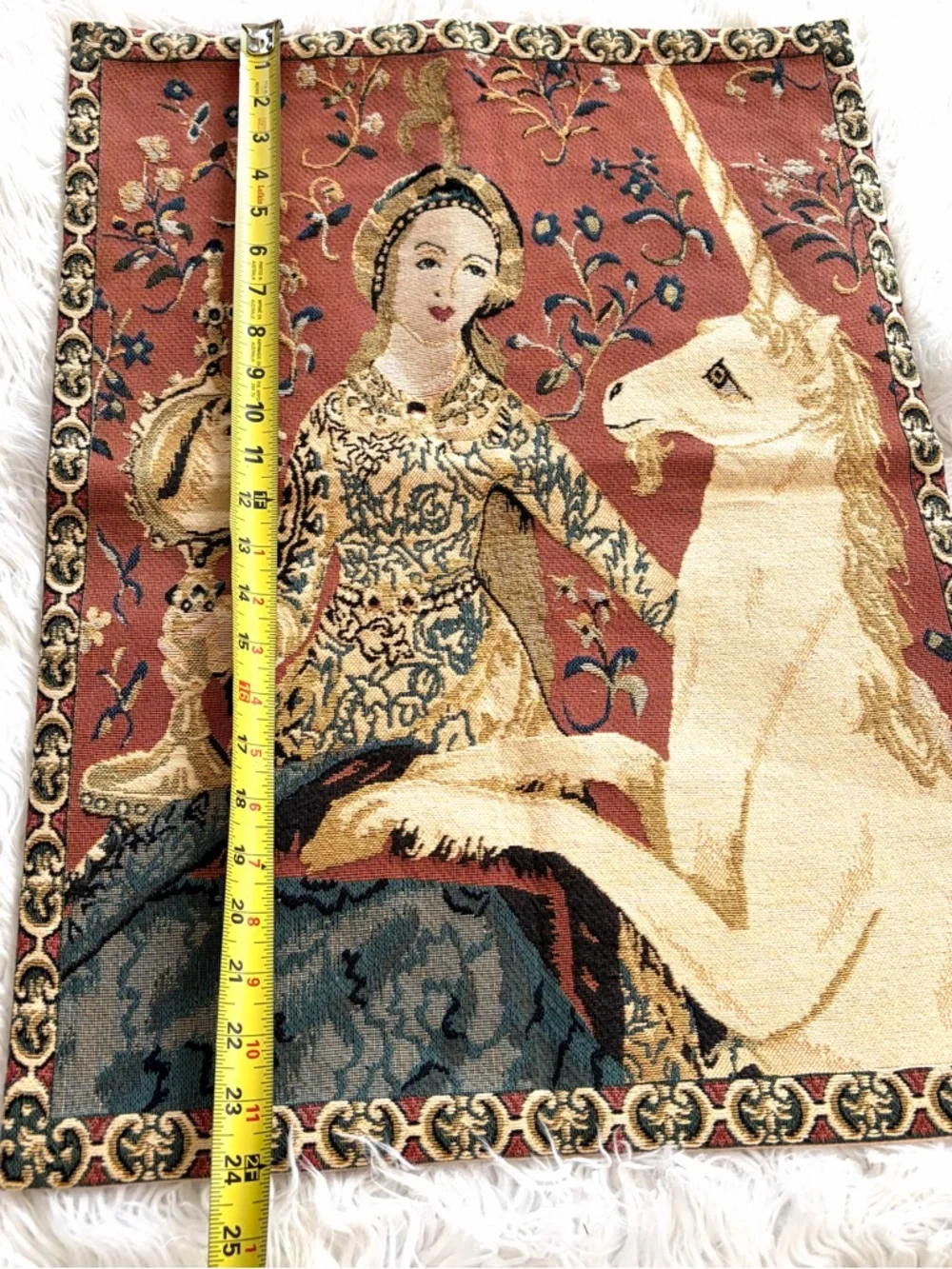 Vintage Lady and Unicorn Belgian Hanging Woven Wall Tapestry 24”x18” Cotton